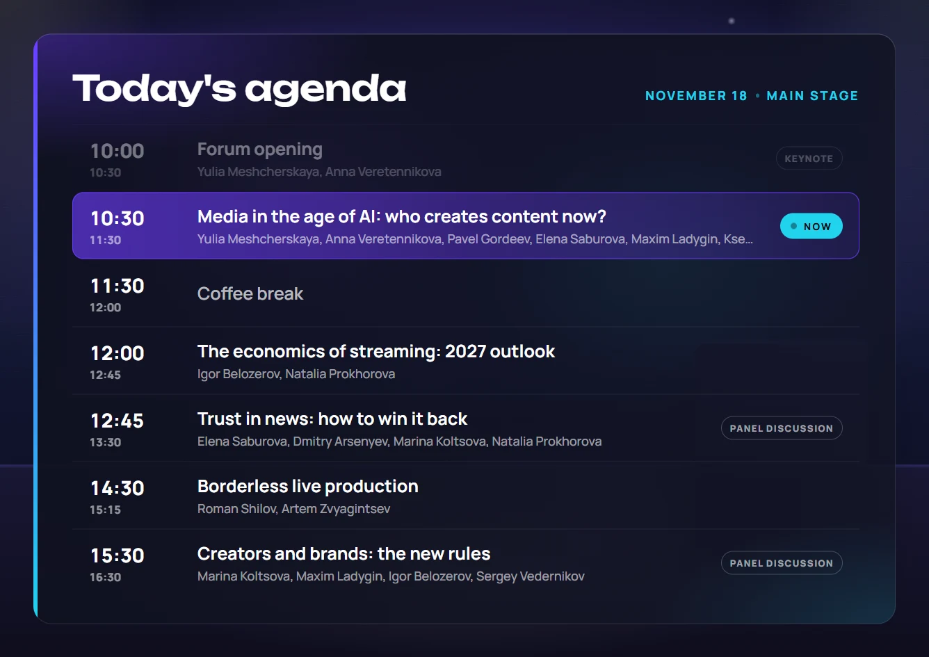 Day agenda with the live session