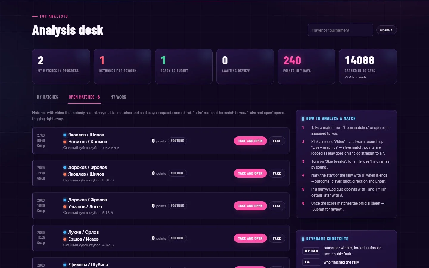 Unclaimed matches with video — claim and start tagging