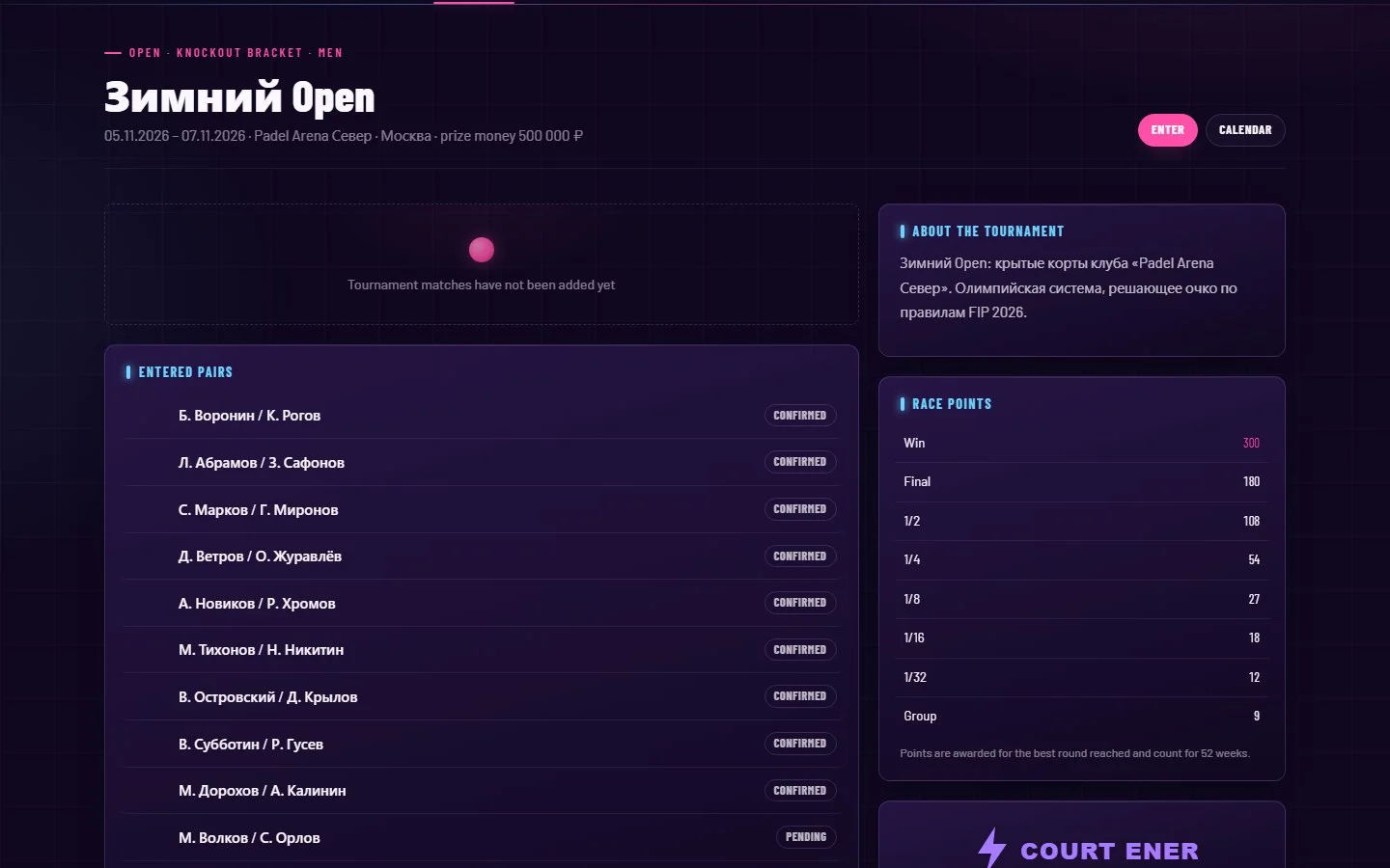 Online pair entry, place limit, entry list