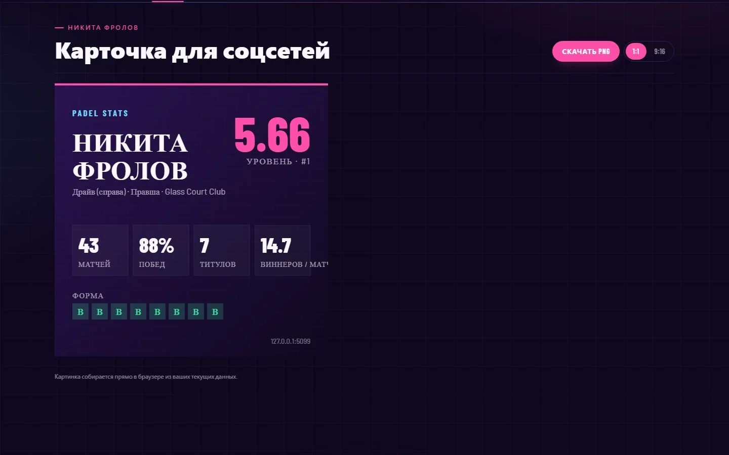 PNG-карточка игрока для соцсетей и печатный отчёт